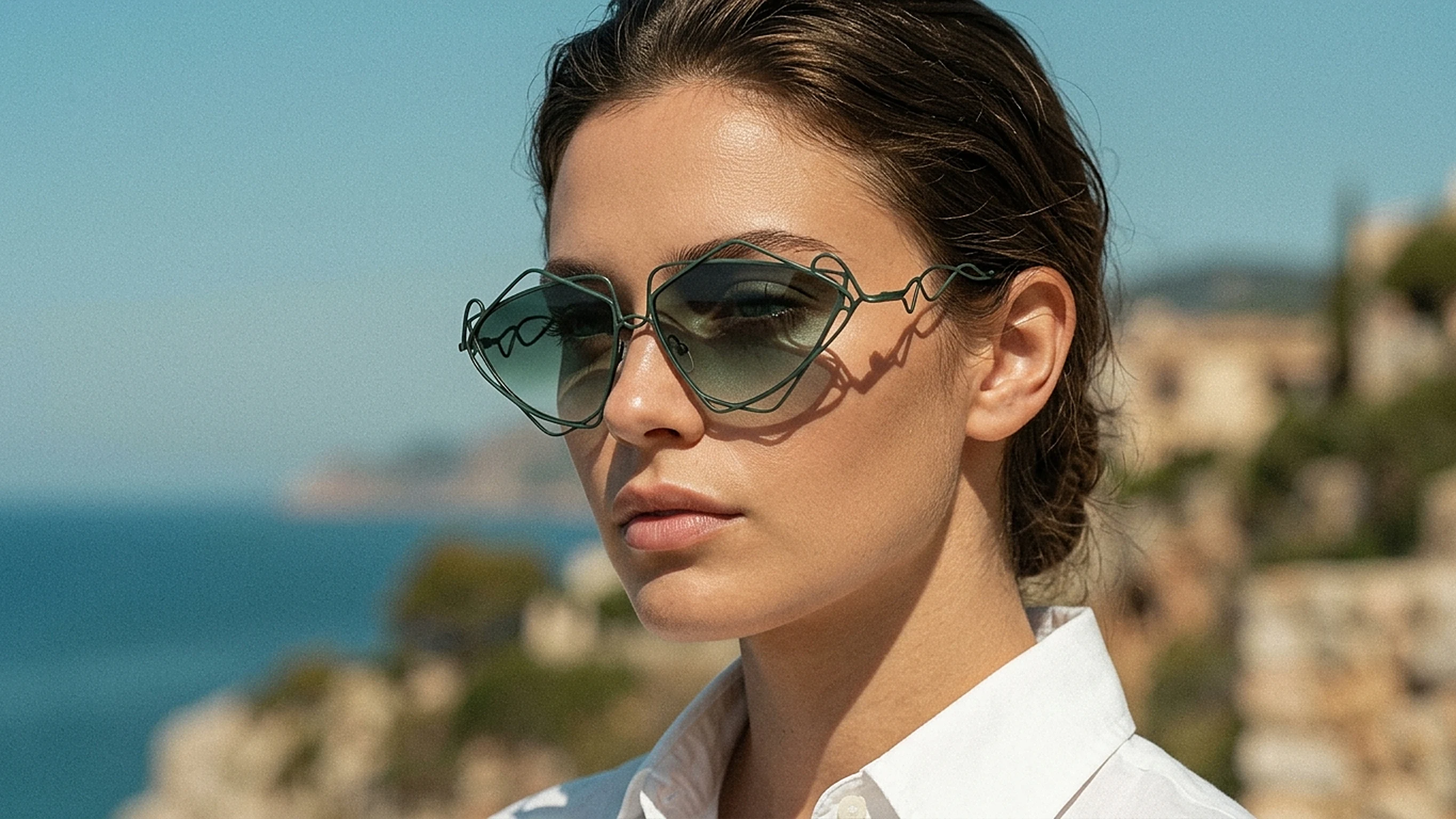 Donna elegante con occhiali da sole Liò geometrici verdi sulla costa mediterranea — Stylottica Ceglie